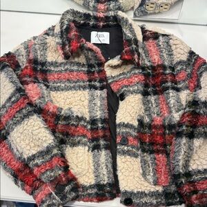 Zara Women's Checkered Teddy Jacket - Red, Black, Cream